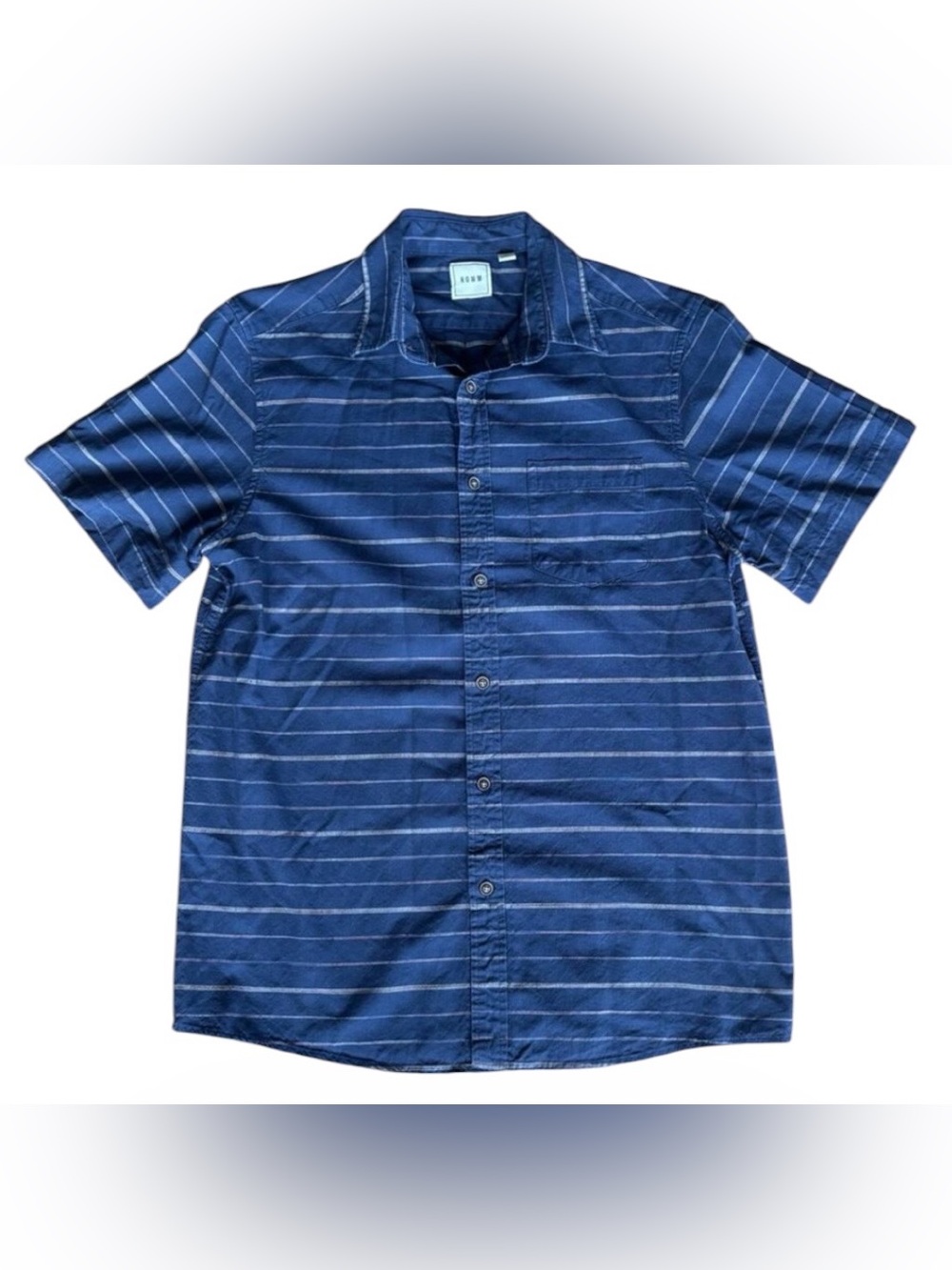 ROWM Men's Blue Horizontal Striped Short Sleeve Button Down Shirt Slub Knit M